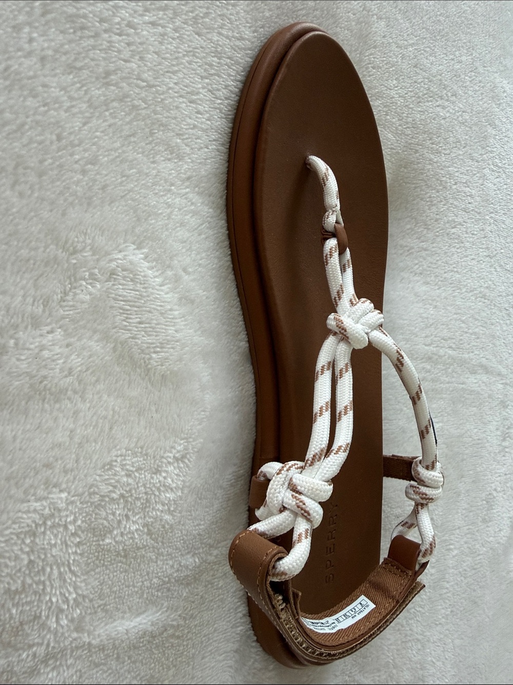 Sperry Brown Sandals with White Braided Rope T-Strap and Blue Accent - Picture 3 of 4